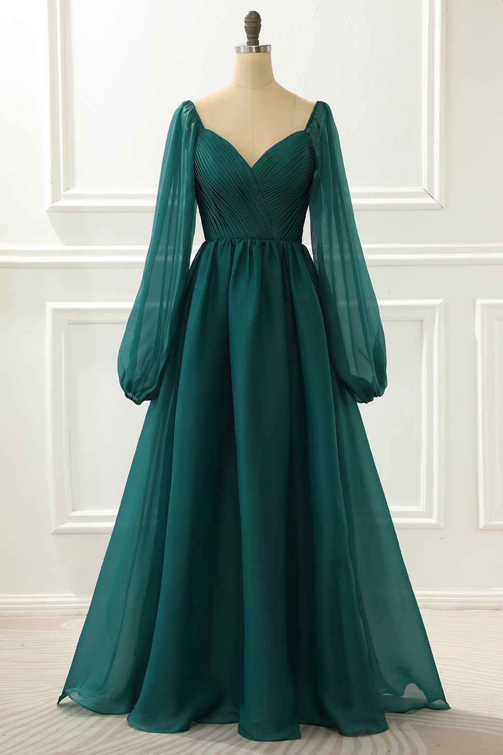 Luolandi A Line Long Sleeves Prom Dress With Ruffles Floor Length Evening Dress